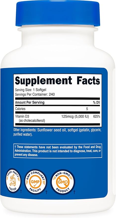 Nutricost Vitamin D3 5,000 IU, 240 Softgels (3 Bottles)
