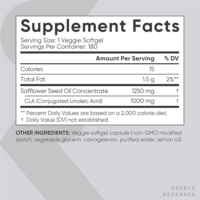 Sports Research Vegan CLA - 1250mg with Active Conjugated Linoleic Acid for Men & Women | Non-GMO, Soy & Gluten Free - 80% (180 Softgels)