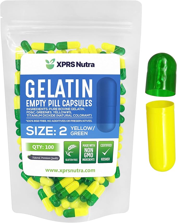 XPRS Nutra Size 2 Empty Capsules - 100 Count Empty Gelatin Capsules - Empty Pill Capsules - DIY Capsule Filling - Pure Bovine Pill Capsules Empty Gel Caps (Green/Yellow)