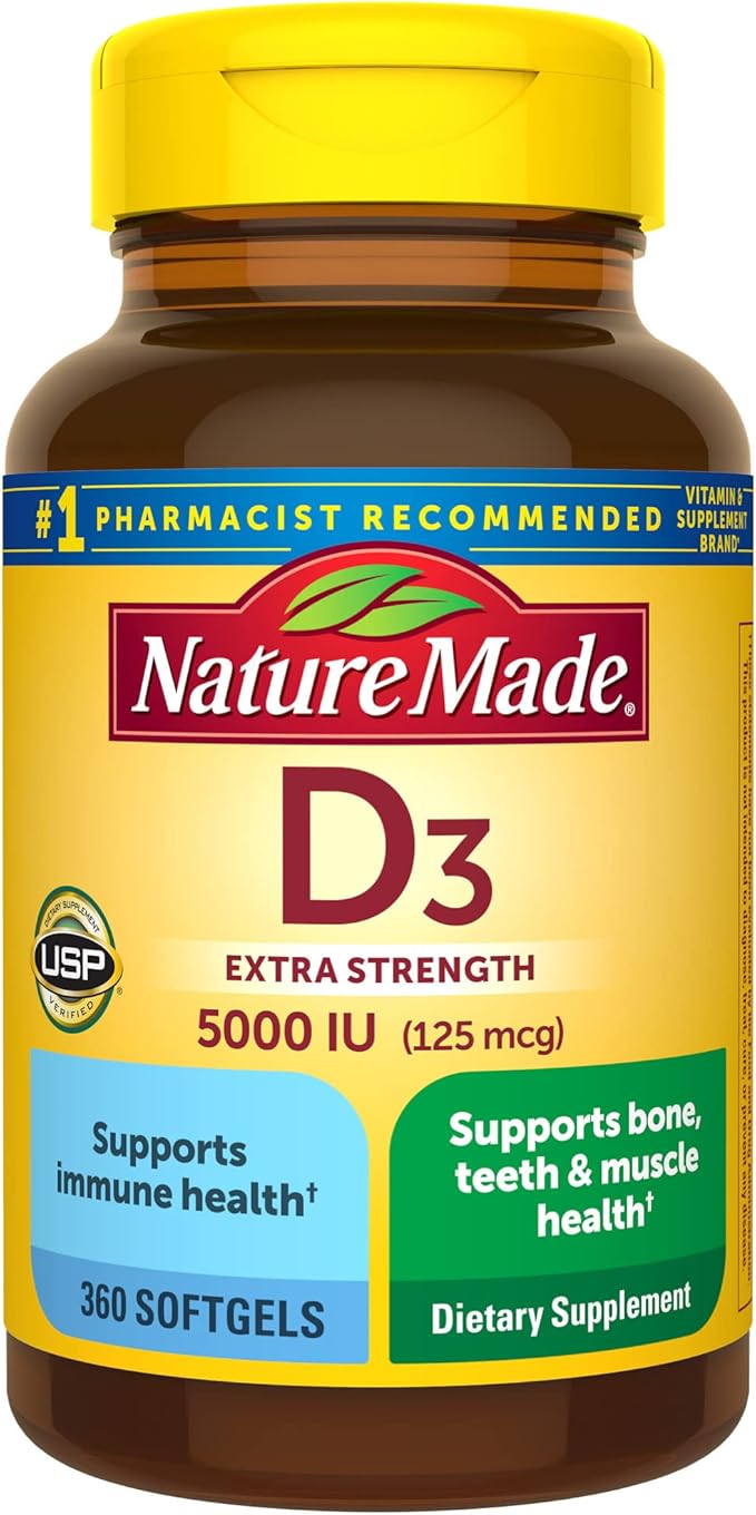 Nature Made Extra Strength Vitamin D3 5000 IU (125 mcg), 360 Softgels, 360 Day