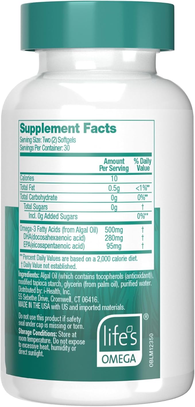 OVEGA-3 Plant-Based Omega-3 from Algal Oil 500mg, Supports 60 Count