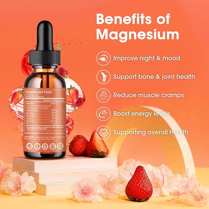 (2 Pack) Magnesium Glycinate Liquid Drops,1000mg B6, C,