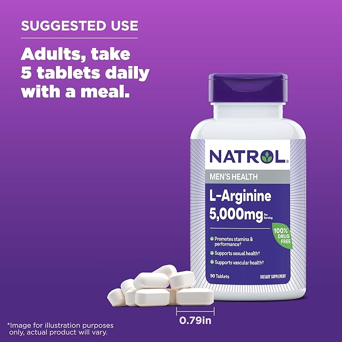 Natrol L-Arginine 5,000 mg, Dietary Supplement for Men's Health, L-Arginine Supplement, 90 Tablets, 18 Day Supply