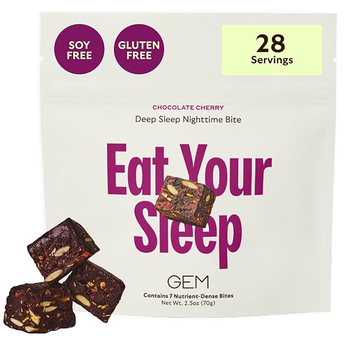 GEM Natural Deep Sleep Aid Nighttime Bite | Melatonin Free, Non-Habit Forming | L-Theanine, Magnesium, Valerian Root Extract | Gluten Free, Soy Free | Earthy Herbal Chocolate Cherry | 28 Servings