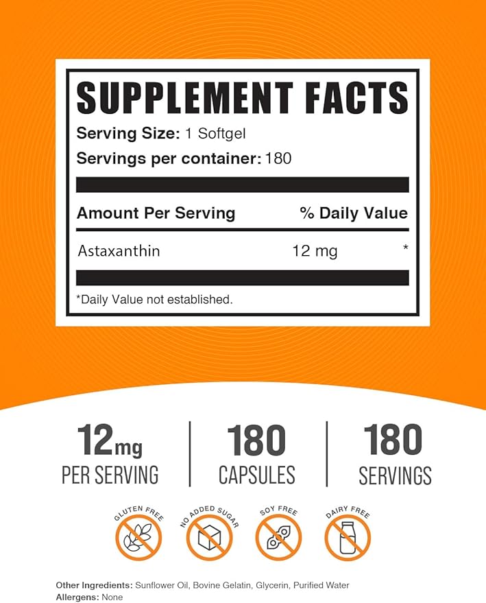 BulkSupplements.com Astaxanthin 12mg 180 Softgels 1 Astaxanthin (180 Softgels)