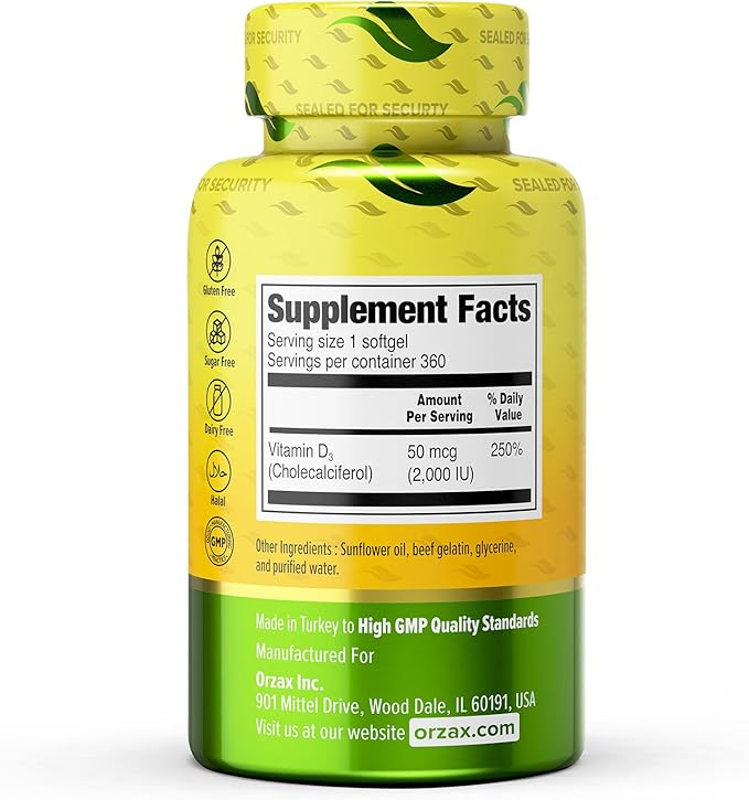 ORZAX Vitamin D3 2000 iu (50 mcg) 1 Year (360 Softgel)