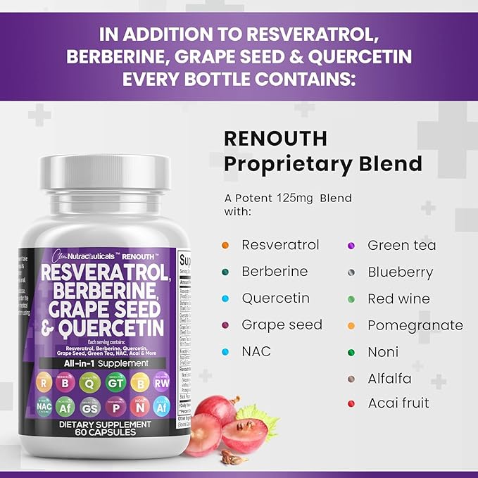 Resveratrol 6000mg Berberine 3000mg Grape Seed 3000mg Quercetin 4000mg Green 60 Capsules