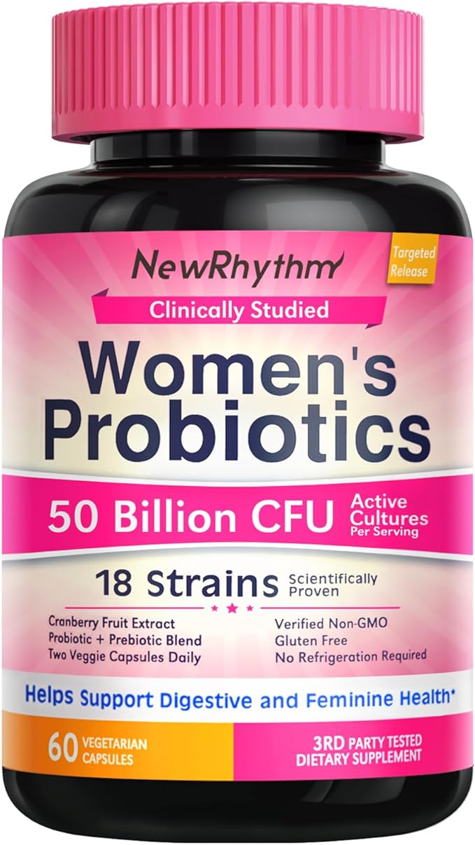 NewRhythm Women's Probiotics, Organic Cranberry 50 Billion 18 Strains, 60 Vegan
