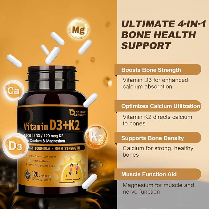 NATURE TARGET Vitamin D3 K2 with Calcium & Magnesium - Max Strength 4 in 1 Formula for Bone, Heart & Immune Support - Supplies 5000 IU Vitamin D3 & 120 mcg of Vitamin K2, 120 Count