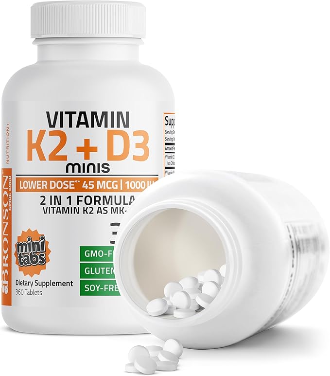 Bronson Vitamin K2 (MK7) with D3 Lower Dose 45mcg Vitamin K2 & 1000 IU Vitamin D3 Easy to Swallow Daily Maintenance 2 in 1 Formula Non-GMO, 360 Mini Tablets