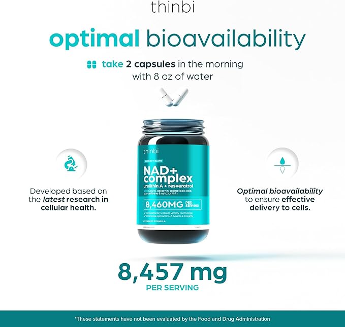 NAD Supplement 8457mg – Extra Strength NMN Alternative Liposomal NAD+ for Women & Men w/ Urolithin A, Resveratrol, CoQ10, Alpha Lipoic Acid – Energy, Anti-Aging, Cell Regeneration 30-Day Supply Thinbi