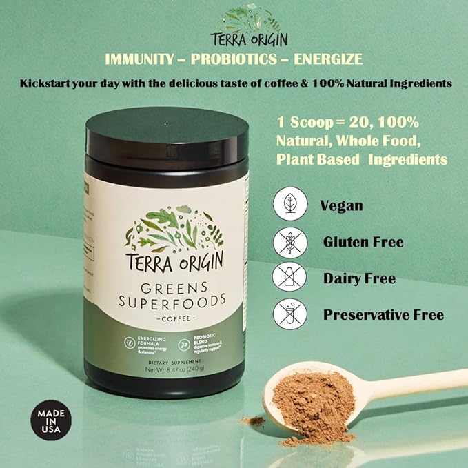 Greens Powder Immune Defense and Digestive Support | Probiotics, Organic Vegetables, Digestive Enzymes | Non-GMO, Gluten-Free, Vegan | Three 30 Serving tubs | Coffee Flavor