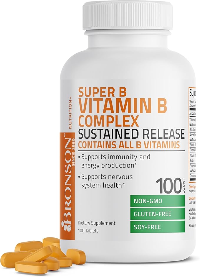 Bronson Super B Vitamin B Complex B1, B2, B2, B3, B3, B6, B6, B9 B9 - B12) Contains 100 Tablets