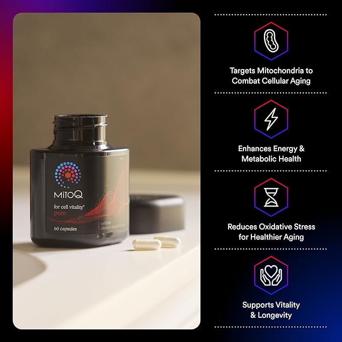 MitoQ Pure Mitochondria-targeted Antioxidant Supplement | Reducing Free Radical Damage & Oxidative Stress | Supports Cellular Longevity, Metabolic Health, Healthier Aging, and Energy (120 Capsules)