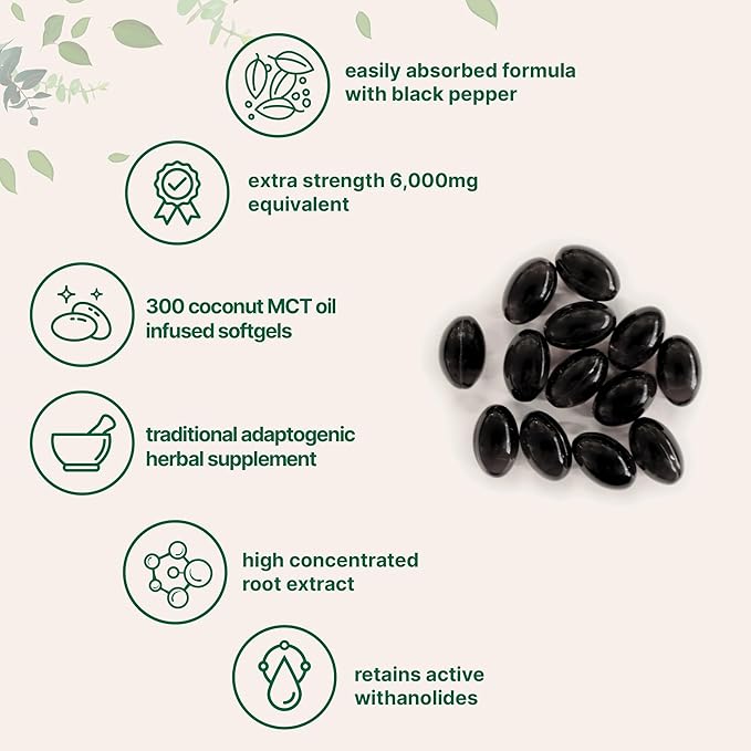 Ashwagandha Supplements 6,000mg Per Serving | 300 Coconut MCT Oil Softgels with Black Pepper for Better Absorption | Potent Root Extract | Natural Herbal Support for Relaxation | Non-GMO