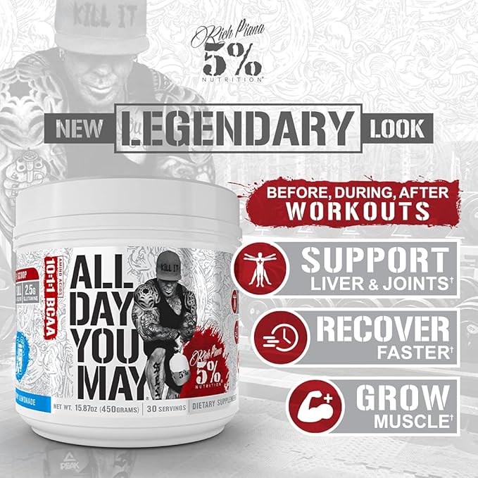 5% Nutrition Rich Piana AllDayYouMay BCAA Powder | Premium Intra & Post Workout Amino Acids, Hydration, Endurance, Muscle Recovery, Joint & Liver Support | 15.3 oz, 30 Servings (Lemon Lime)