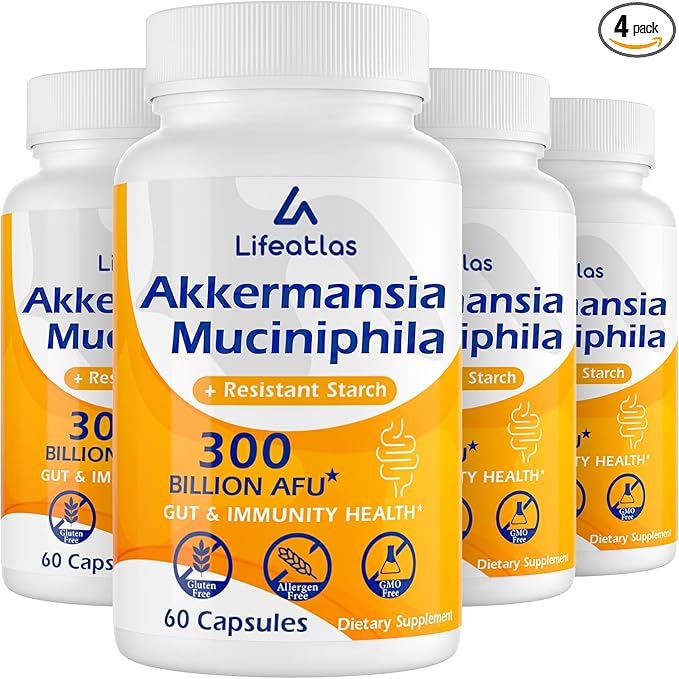 GLP-1 Supplement | 300 Billion AFU Akkermansia Muciniphila, Akkermansia Probiotic for Women Men, Akka Superbiotics for GLP-1 Production, Digestive, Gut, Immunity, Enhances Gut Lining Function, 4 Packs