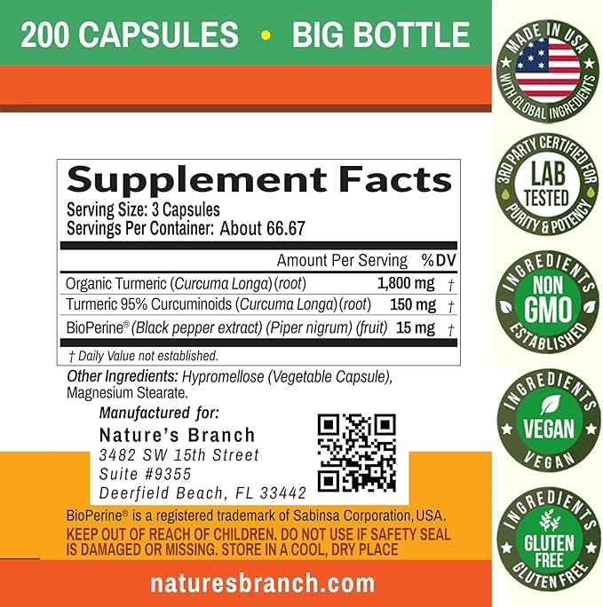 Turmeric Curcumin with Black Pepper - Organic Turmeric Powder - 200 Capsules - 1965mg Extra Strength, Joint Support Supplement - High Absorption, BioPerine Extract, High Potency, Vegan - Made in USA