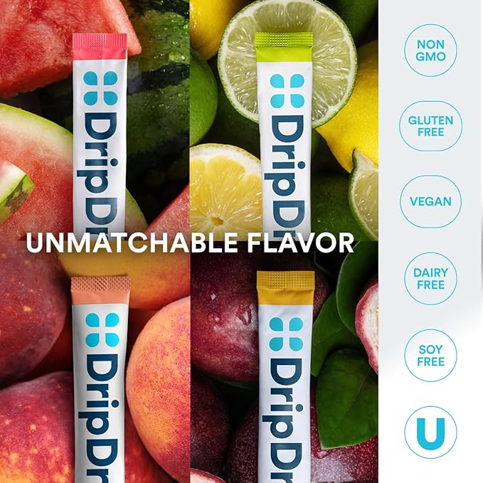 DripDrop Hydration - Zero Sugar Classic Variety Pack - Electrolyte Drink Mix Powder Packets - Lemon Lime, Watermelon, Peach, Passion Fruit | Non-GMO, Gluten Free, Vegan | 32 Sticks