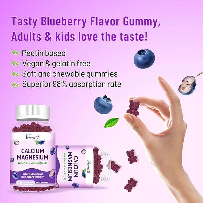 2 Pack Calcium Magnesium Zinc Gummies D3 & B12, Sugar
