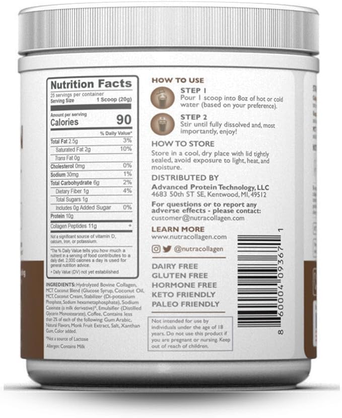 Peptide Powder with Premium Columbian Coffee; Grass-Fed; Keto Friendly, MCT Coconut Oil Powder, Soy Free, Gluten Free, Sugar Free, 40mg Caffeine/SVG; Mocha Hazelnut 25 Servings