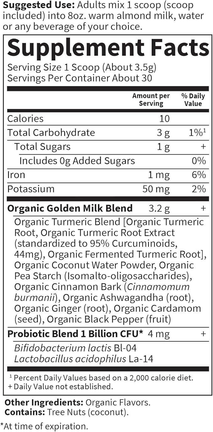 Garden of Life Organics Golden Milk Recovery & Nourishment Powder - 44mg Turmeric Curcumin (95% Curcuminoids), Ashwagandha - Organic Non-GMO Vegan & Gluten Free Herbal Supplements, 30 Servings