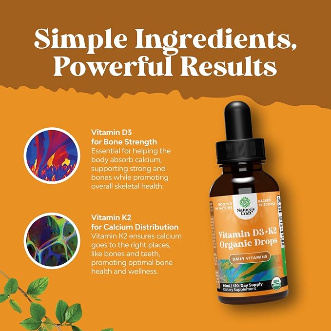 Natures Craft Liquid Vitamin D3 with K2 for Adults - Organic Drops 2000IU per Serving Vegan Bone Muscle Heart & Immune Support MCT Oil Enhanced Absorption
