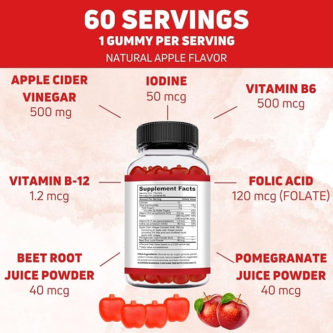 Vegan Apple Cider Vinegar Gummies with The Mother, 500mg 60 Servings - ACV Gummies for Natural Detox & Cleanse Immune System, Digestion - Alternative to Apple Cider Vinegar Capsules