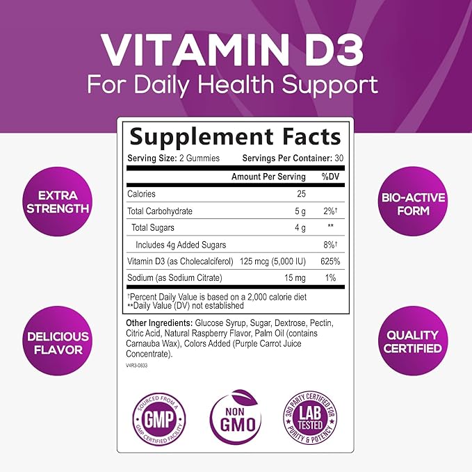 Vitamin D3 Gummies Extra Strength 5000 (125 mcg) 60 Gummies