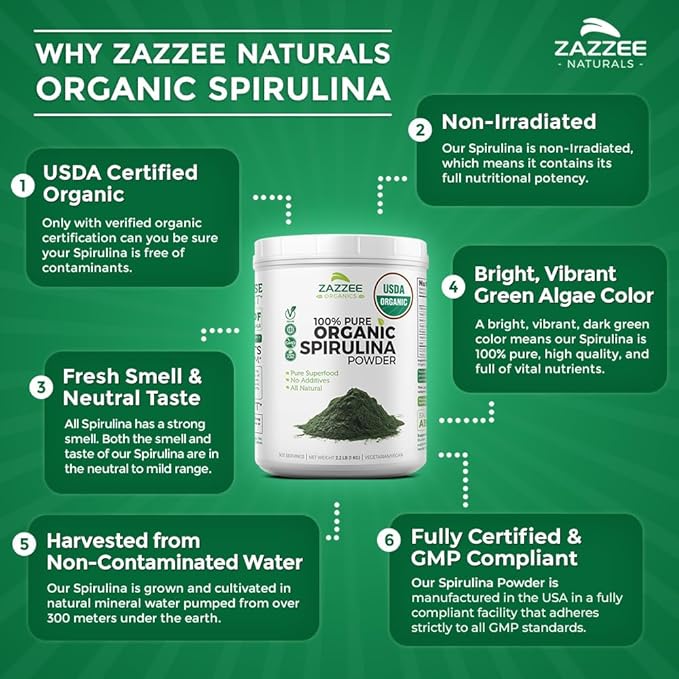 Zazzee Organic Spirulina Powder, 2.2 Pounds (1 KG), USDA Certified, 303 Servings, 100% Pure, Non-Irradiated, Mess-Free Wide Mouth Container, Fresh Smell and Neutral Taste, Vegan, Non-GMO, Gluten-Free