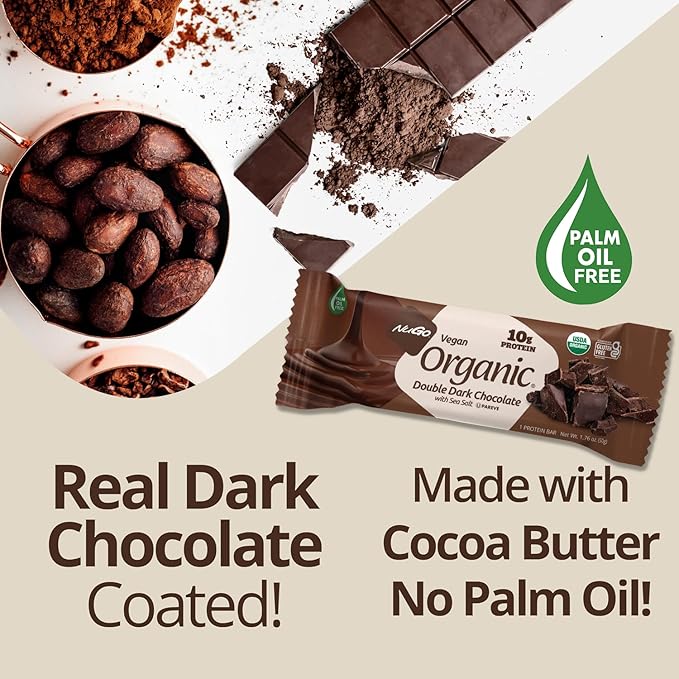 NuGo Organic Double Dark Chocolate with Sea Salt, 10 Protein Bar, Vegan, Gluten Free, Non-GMO, Kosher Pareve, 12 Count