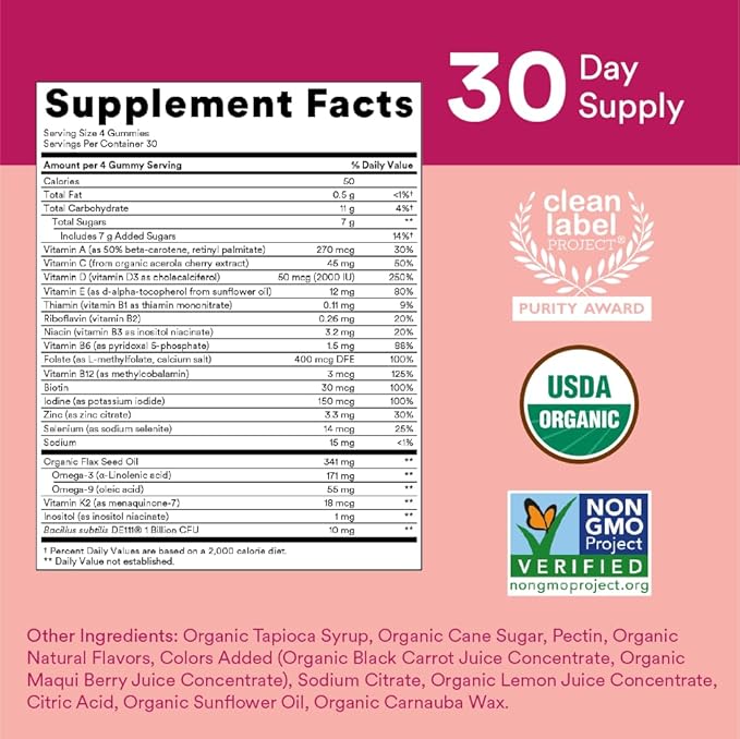 SmartyPants Organic Women's Multivitamin Gummies: Biotin, 3 (ALA), D3, C, B12, B6, B6, Vitamin 120 Count (30 Day