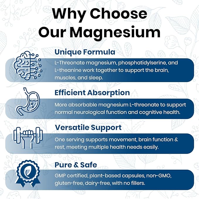 Magnesium L-Threonate | for Cognitive Support, Nighttime Restoration and Musculoskeletal Function | Non-GMO, Gluten-Free | 120 Vegetarian Capsules