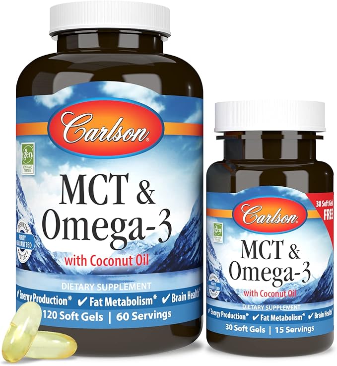 Carlson - MCT & Omega-3, Coconut Oil, Caprylic & Capric Acids, EPA & DHA, Energy Production, Fat Metabolism & Brain Health, 120+30 Softgels