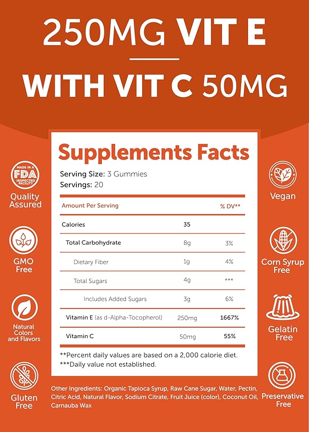Lunakai USA Made Vitamin E Gummies 400IU with Vitamin C - Delicious, Vegan, Non-GMO Supplement for Daily Skin & Eye Support, d-Alpha Tocopherol, 60ct