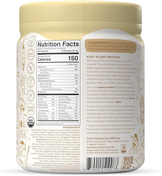 KOS Plant Based Protein Powder, Vanilla 10 Servings
