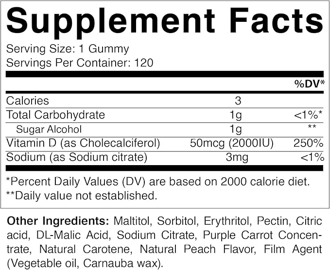 Vitamatic Sugar Free Vitamin D3 2000 IU - 120 Pectin Based Gummies - Great Taste - Healthy Bones, Mood & Immune System Function - Non-GMO - 120 Servings