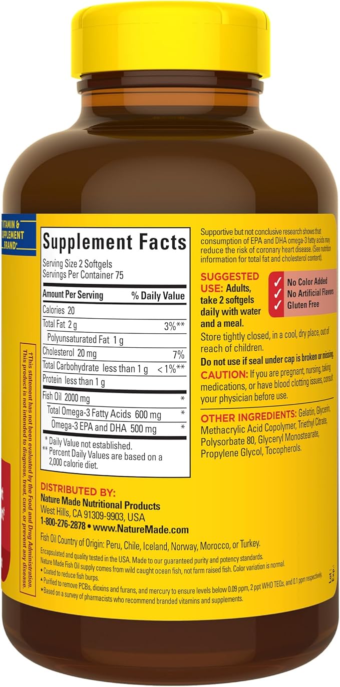 Nature Made Burp Less Fish Oil 1000 mg 3 Fish 3 Supplement 150 Softgels, 75 Day