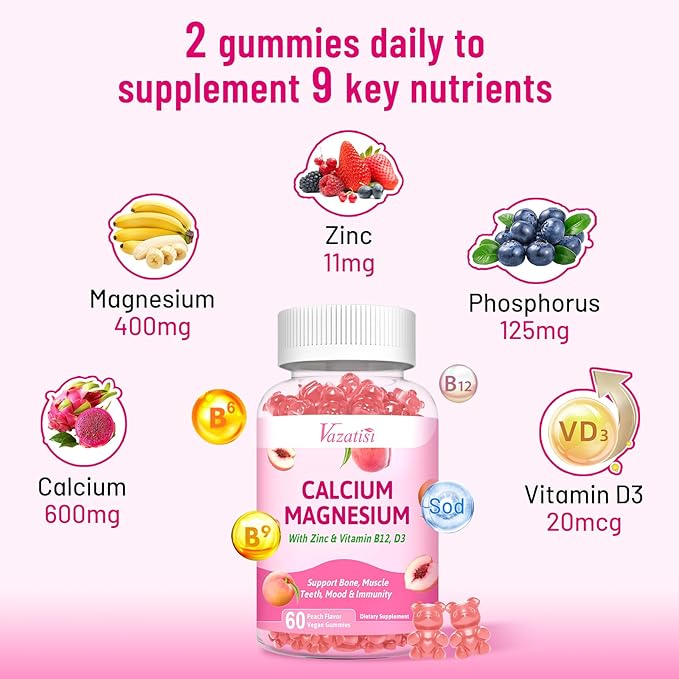 Calcium Magnesium Zinc Gummies with Vitamin D3 & B12, Sugar