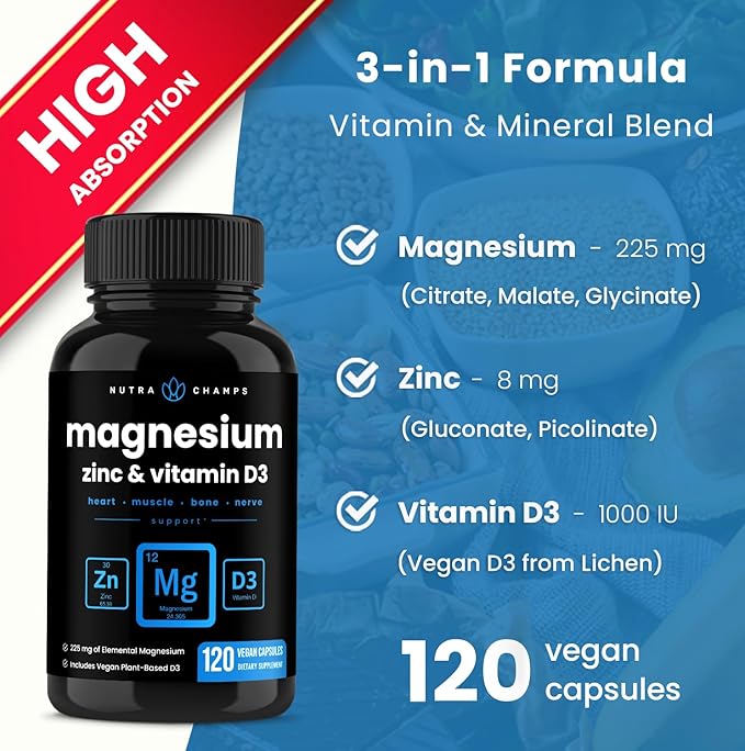 NutraChamps Magnesium Zinc & Vitamin D3 Supplement 120 Vegan