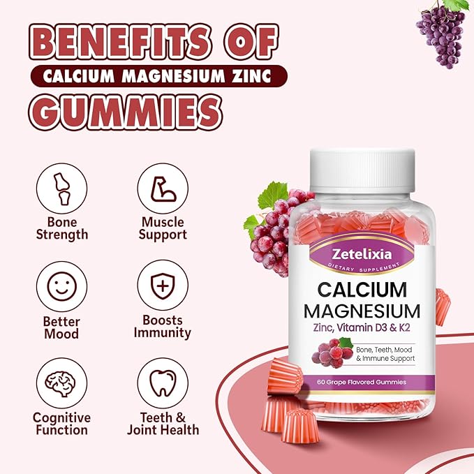 Calcium Gummies for Women Men, Calcium Magnesium Zinc with Vitamin D3 & K2, Calcium Magnesium Supplement for Bones Muscles and Joints, Grape Flavor - 60 Count