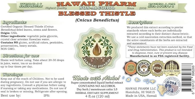 Hawaii Pharm Blessed Thistle Alcohol-FREE Liquid 4x4 oz
