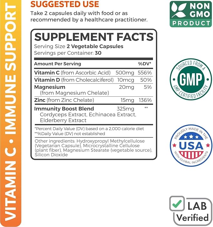 Immune Support Supplement (Non-GMO) Elderberry Vitamin 500mg Immune 60 Vegetarian