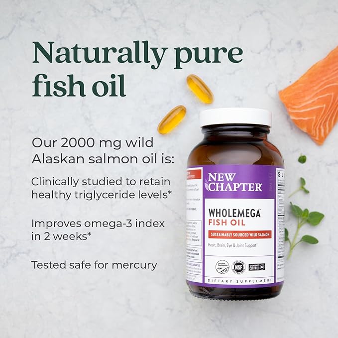 New Chapter Wholemega Fish Oil Supplement Omega-3 + D3 + 60 ct, 1000mg Softgels