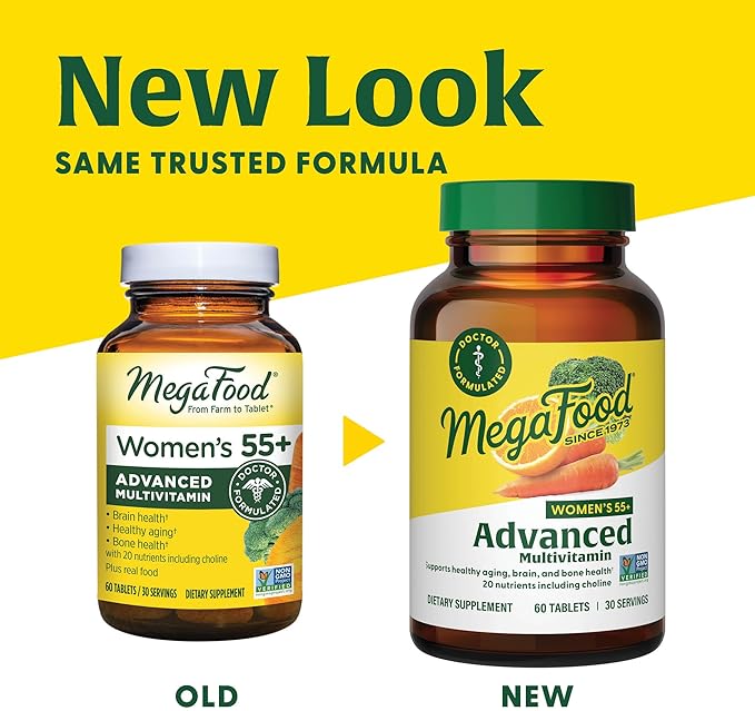 MegaFood Women's 55+ Advanced Multivitamin for Women D3, Vitamin B12, Biotin 60 Tabs (30 Servings)