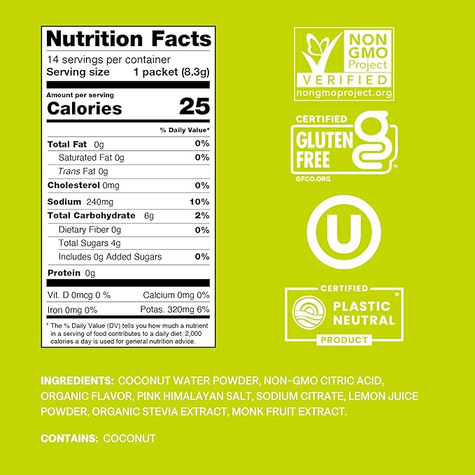 Cure Hydrating Plant Based Electrolyte Mix | Powder for Dehydration Relief | Made with Coconut Water | Non-GMO | No Added Sugar | FSA & HSA | Vegan | Gluten Free | Pouch of 14 Packets - Lime