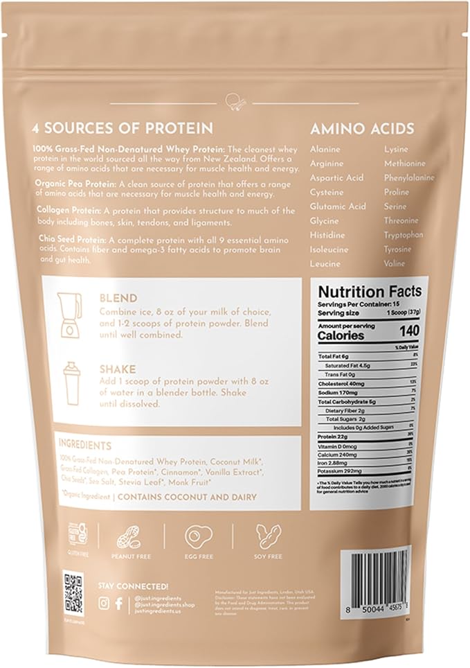 Just Ingredients Protein Powder 100% Grass 15 Serving 22g protein