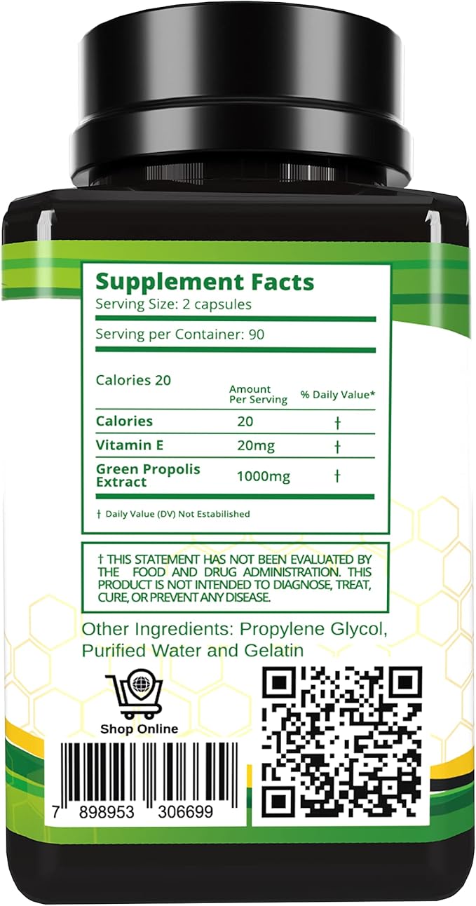 Propolis Health Propolis Capsules 1000mg-Daily 2 Capsules 50 Days (180 Capsules)