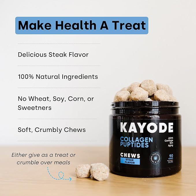 Collagen Puptides - Collagen for Dogs | Premium Dog Joint Support | Great for Senior & Adult Dogs. Premium Bovine, Marine Collagen, Omega 3s. Tasty Steak Collagen Chews for Dogs