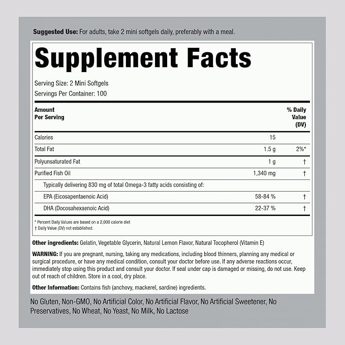 Piping Rock Mini Fish Oil Softgels 1340mg 200 Pills Omega-3 |